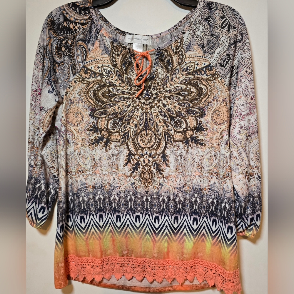 Bohemian Graphic Tunic with Tie Front and 3/4 Sleeves